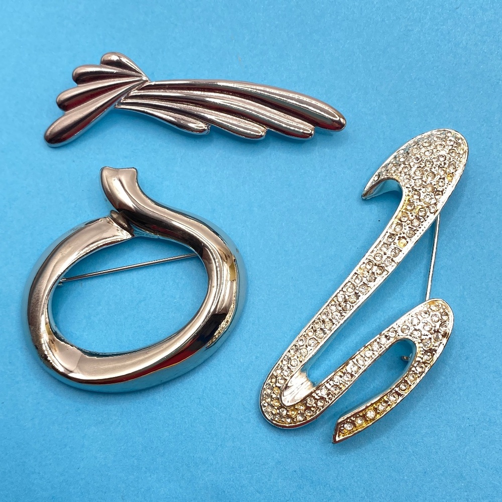 Bundle Three Brooches Silver Tone Rhinestone Modern 1990's Large